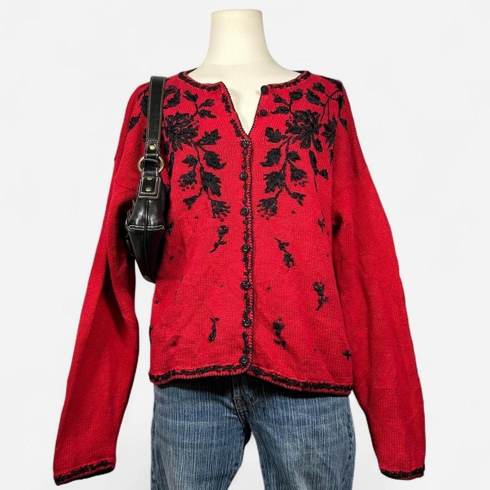 Vintage Tiara Intl Knit Floral Embroidered Cardigan Holidays Xmas Whimsigoth L